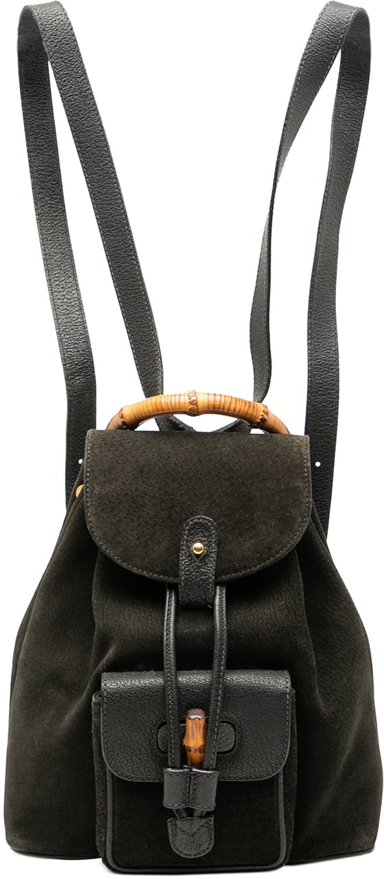 Gucci Suede Bamboo Drawstring Backpack Zwart