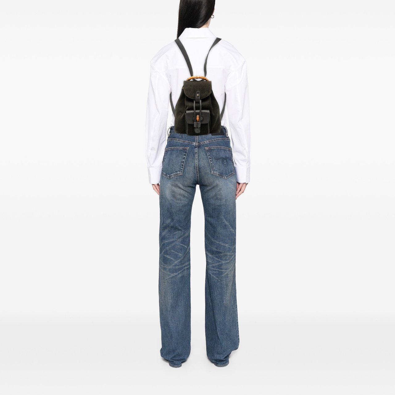 Gucci Suede Bamboo Drawstring Backpack Zwart