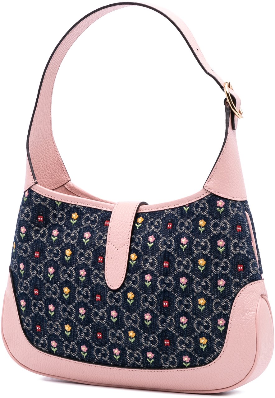 Gucci Limited Edition Small GG Denim Embroidered Floral Jackie 1961 Crossbody Blauw