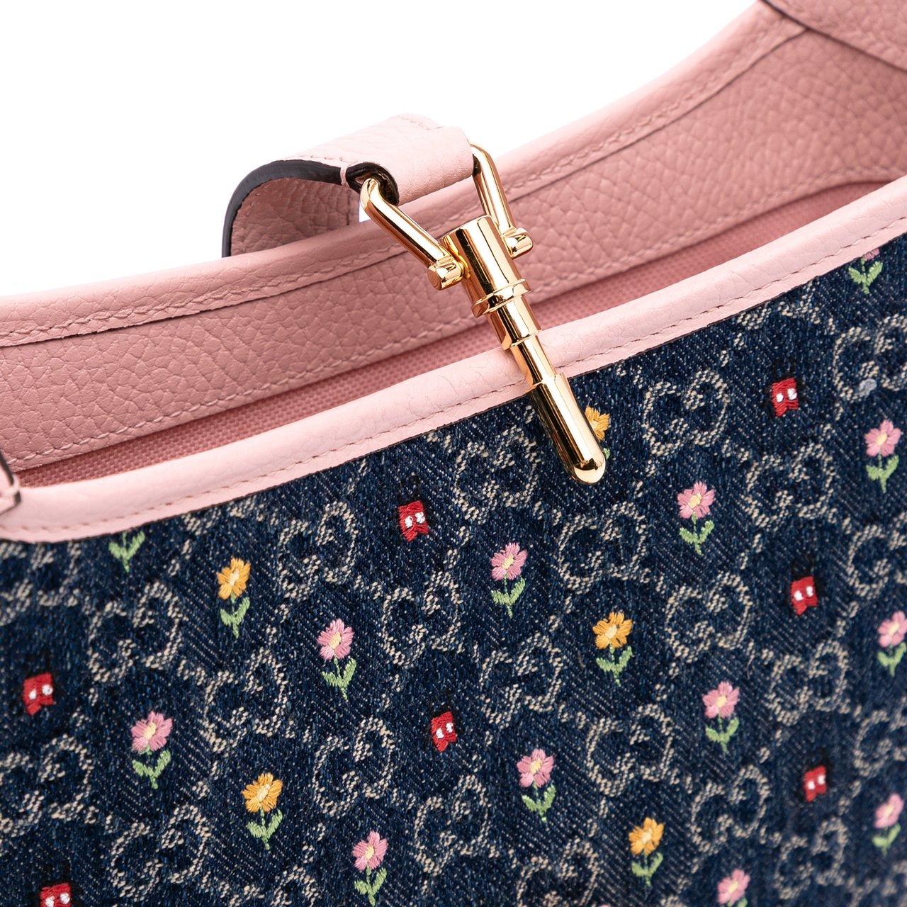 Gucci Limited Edition Small GG Denim Embroidered Floral Jackie 1961 Crossbody Blauw
