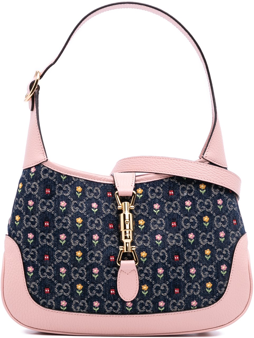 Gucci Limited Edition Small GG Denim Embroidered Floral Jackie 1961 Crossbody Blauw