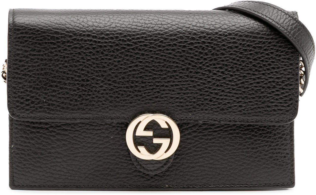 Gucci Leather Interlocking G Dollar Wallet on Chain Zwart