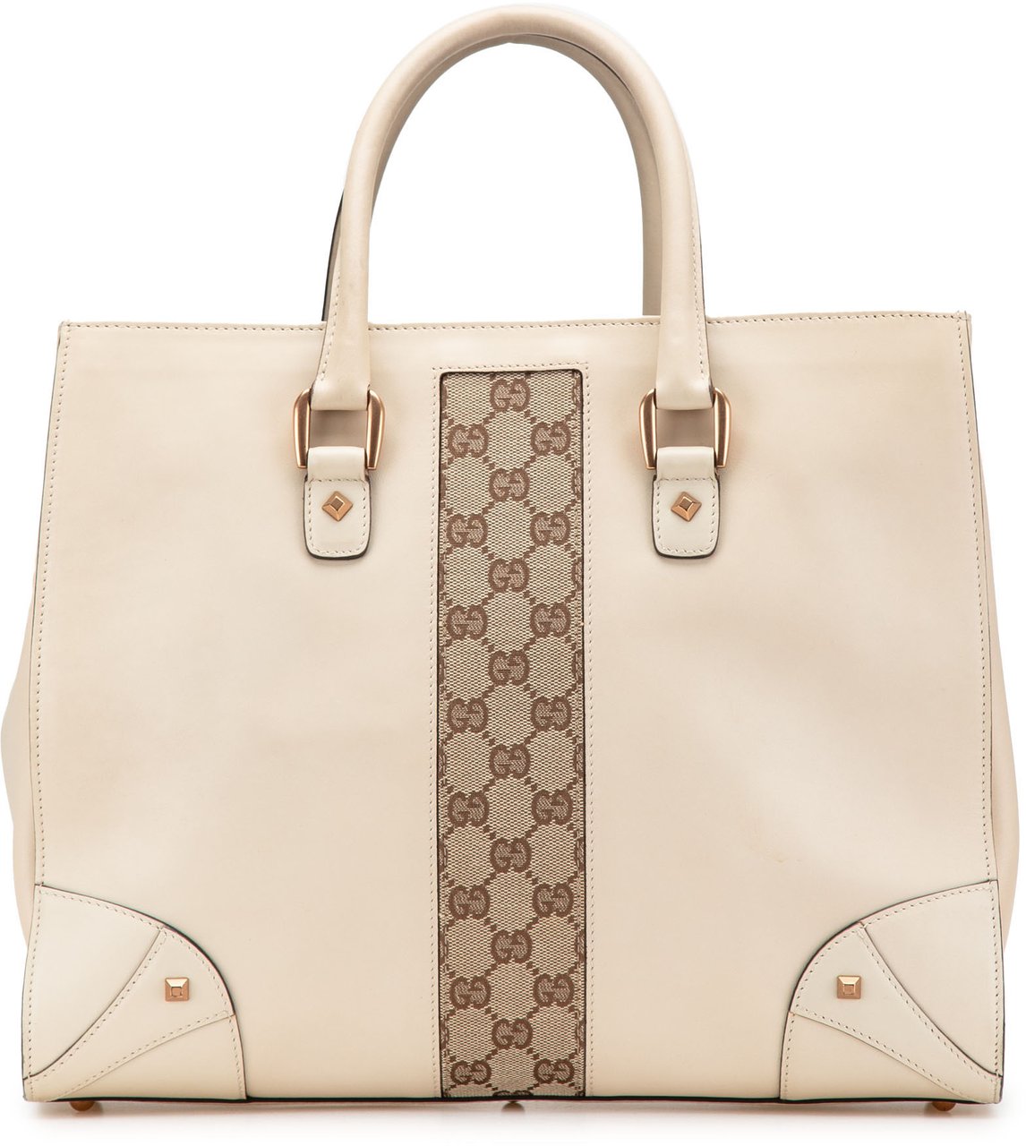 Gucci Calfskin and GG Canvas Nailhead Tote Wit