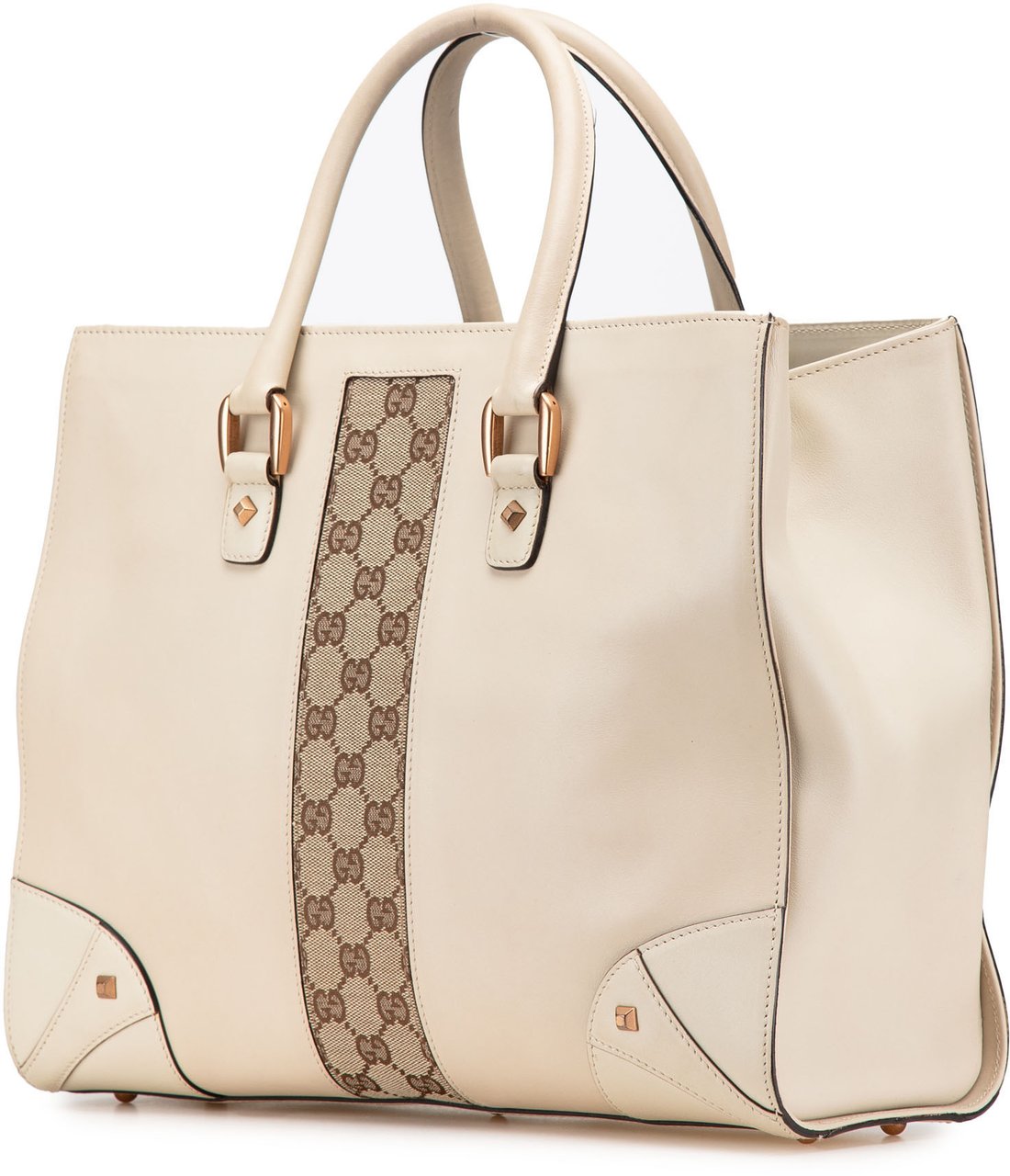 Gucci Calfskin and GG Canvas Nailhead Tote Wit