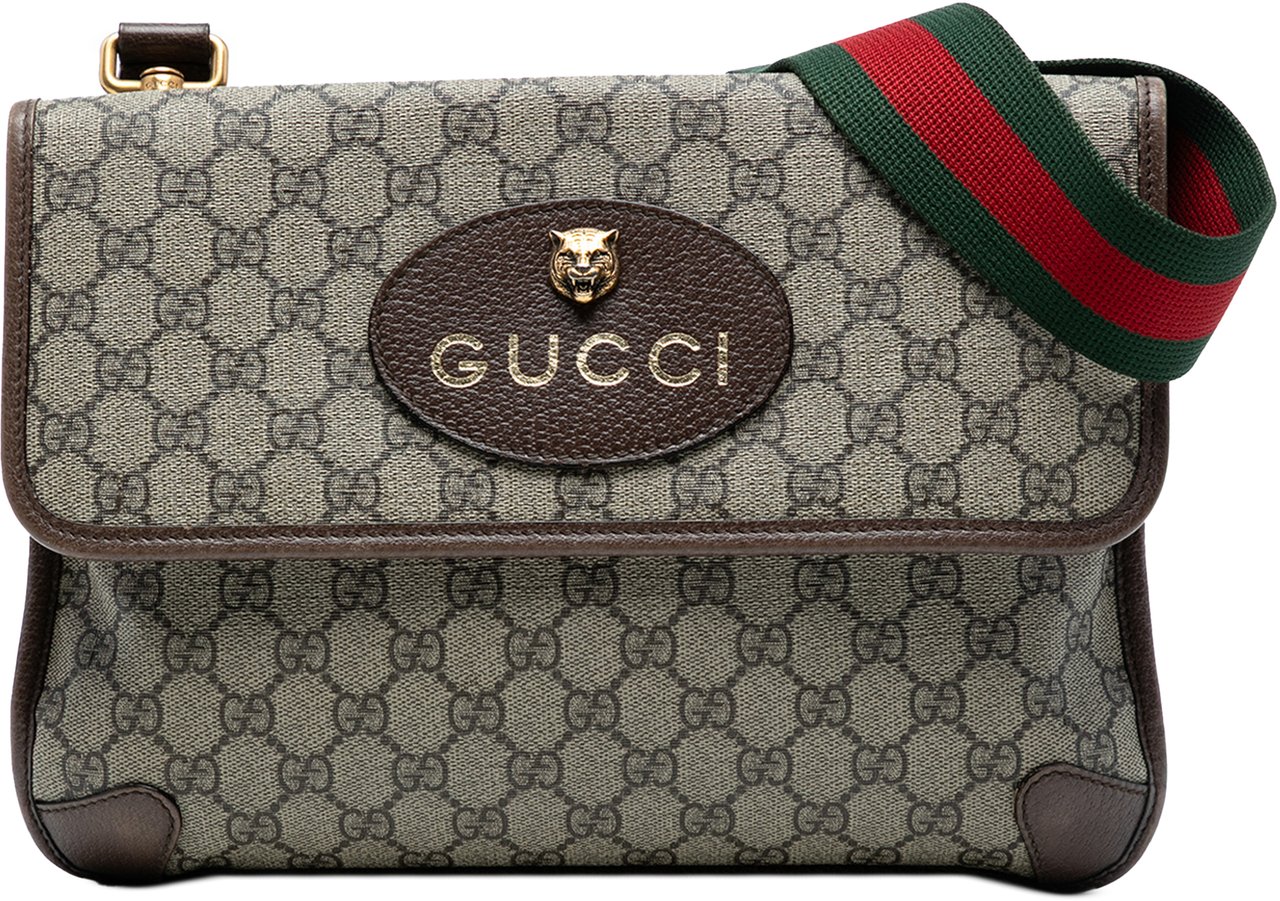 Gucci Medium GG Supreme Web Neo Vintage Double Flap Messenger Bag Bruin
