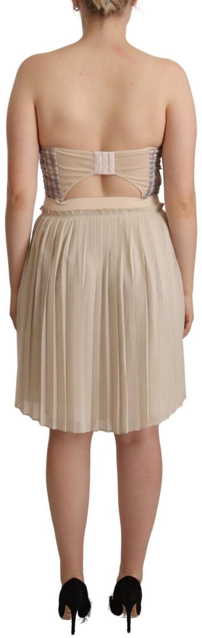 Guess Beige Checkered Pleated A-line Strapless Bustier Dress Beige