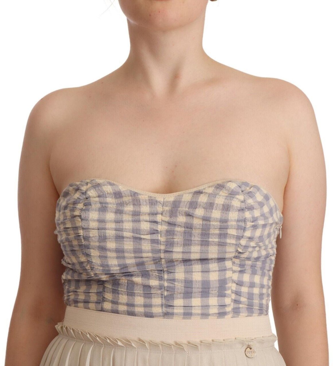 Guess Beige Checkered Pleated A-line Strapless Bustier Dress Beige