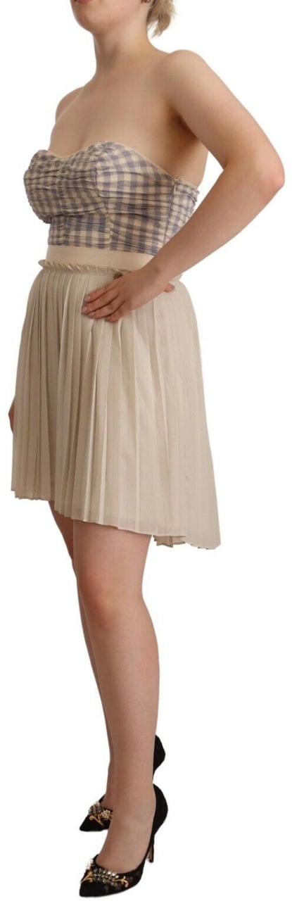 Guess Beige Checkered Pleated A-line Strapless Bustier Dress Beige