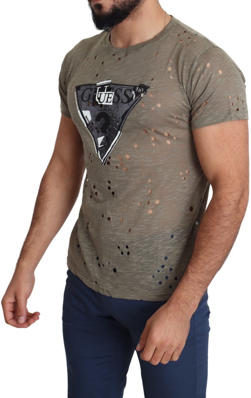 Guess Brown Cotton Stretch Logo Print Men Casual Perforated T-shirt Bruin