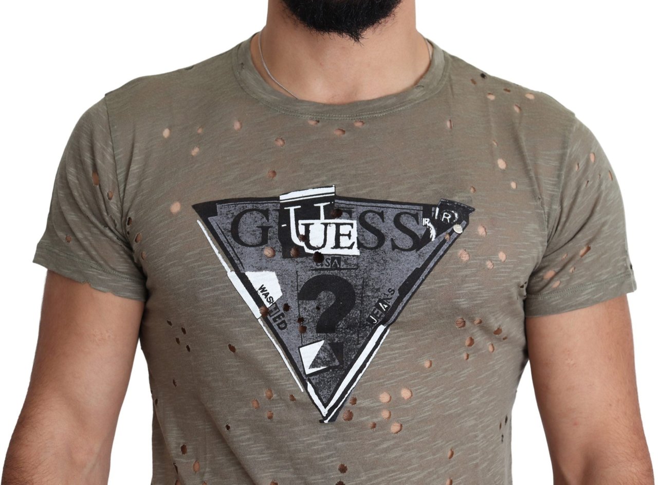 Guess Brown Cotton Stretch Logo Print Men Casual Perforated T-shirt Bruin