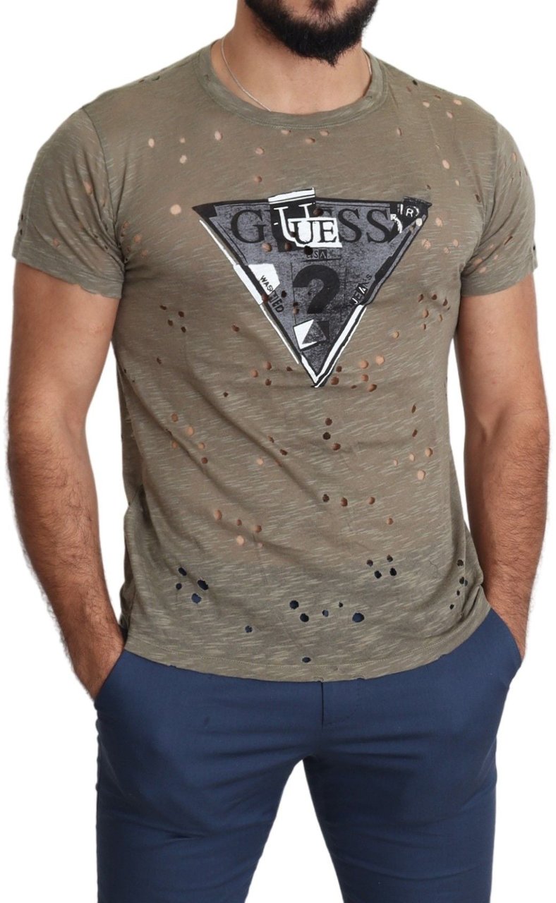 Guess Brown Cotton Stretch Logo Print Men Casual Perforated T-shirt Bruin