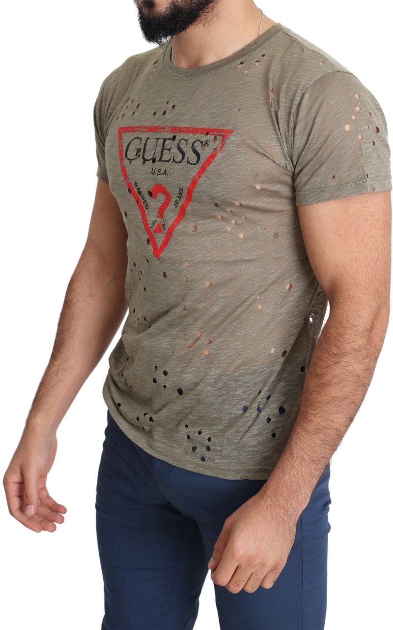 Guess Brown Cotton Stretch Logo Print Men Casual Perforated T-shirt Bruin