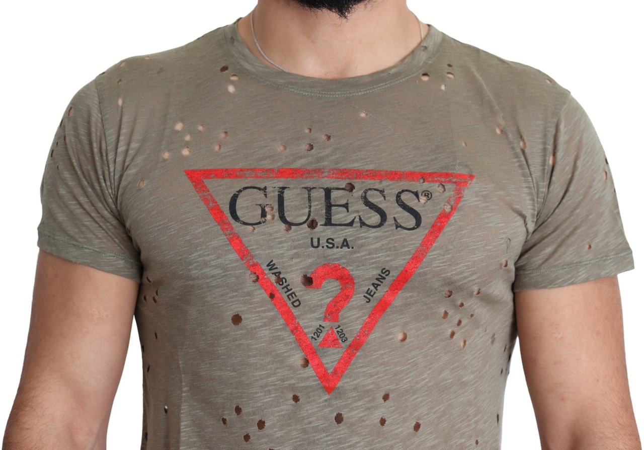 Guess Brown Cotton Stretch Logo Print Men Casual Perforated T-shirt Bruin