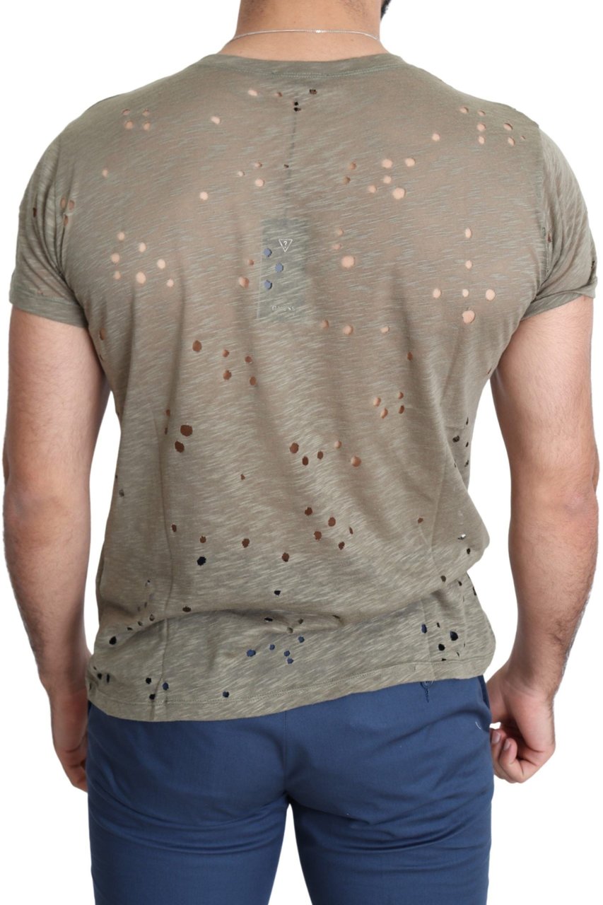 Guess Brown Cotton Stretch Logo Print Men Casual Perforated T-shirt Bruin