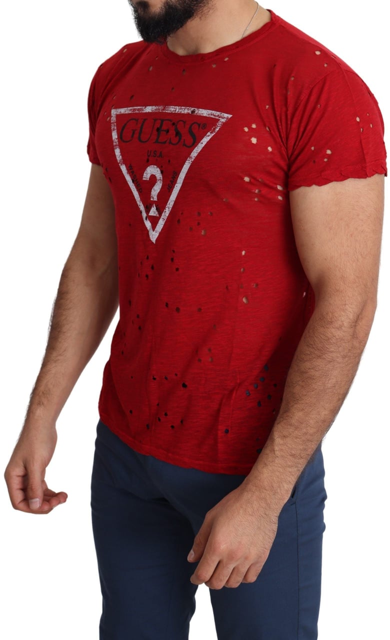 Guess Red Cotton Logo Print Men Casual Top Perforated T-shirt Rood