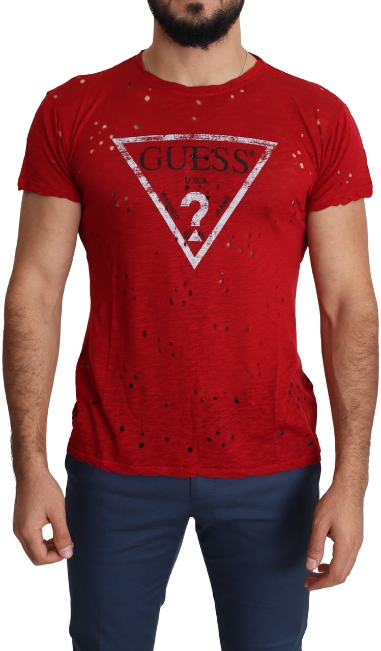 Guess Red Cotton Logo Print Men Casual Top Perforated T-shirt Rood