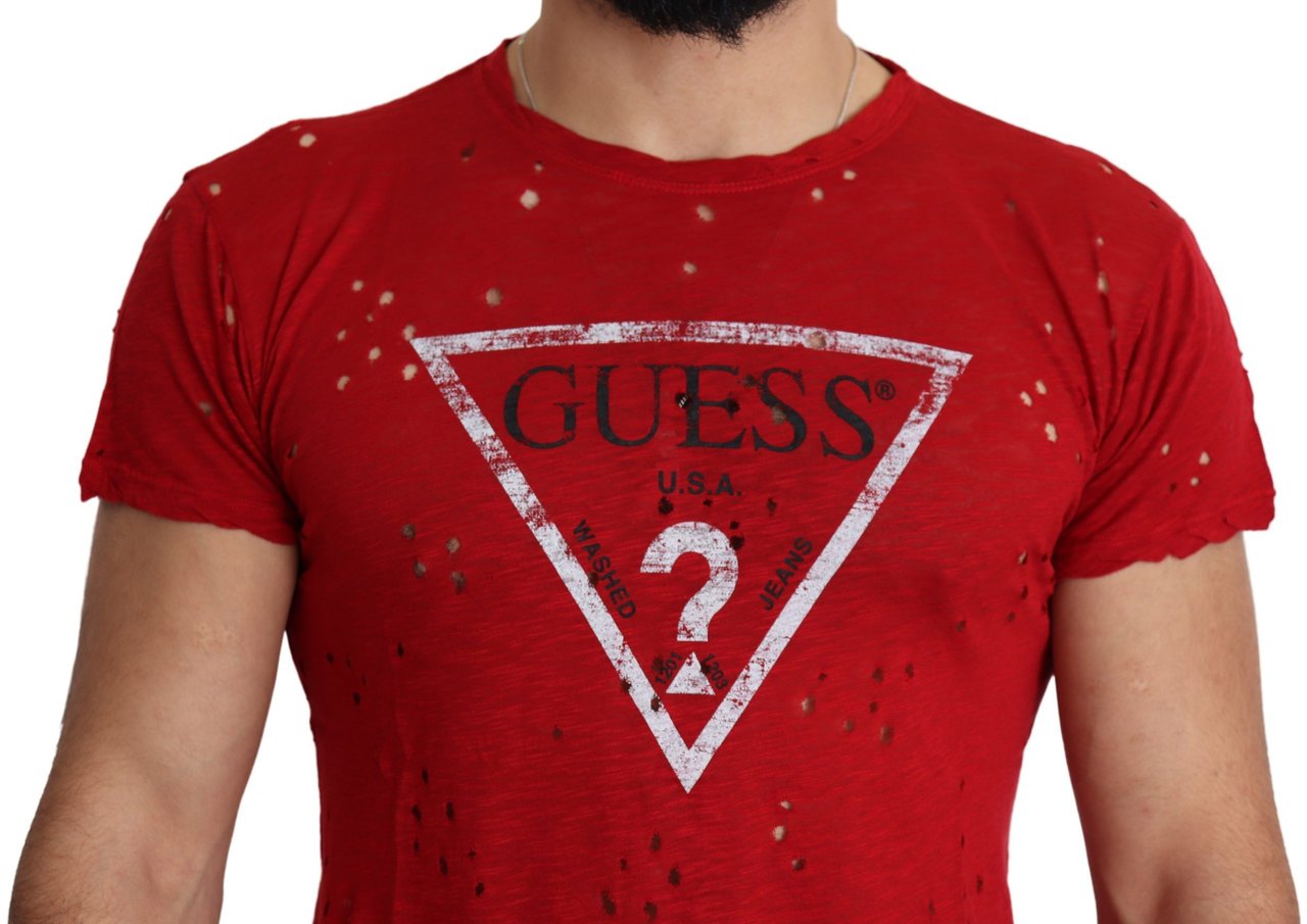 Guess Red Cotton Logo Print Men Casual Top Perforated T-shirt Rood
