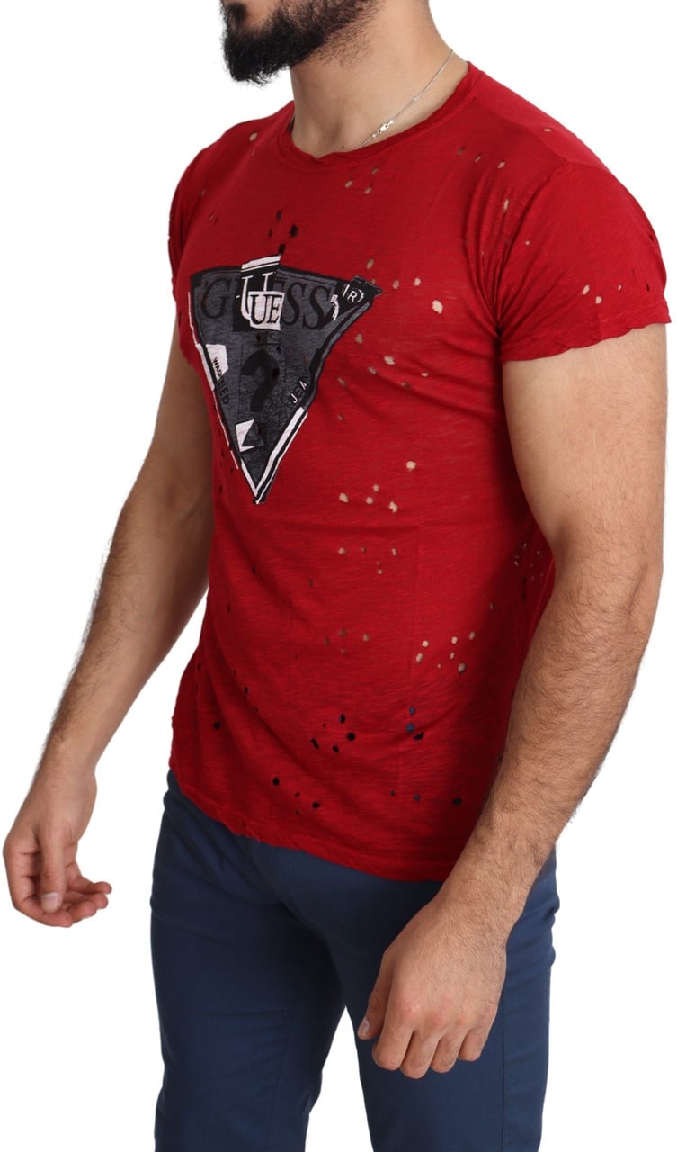 Guess Red Cotton Logo Print Men Casual Top Perforated T-shirt Rood