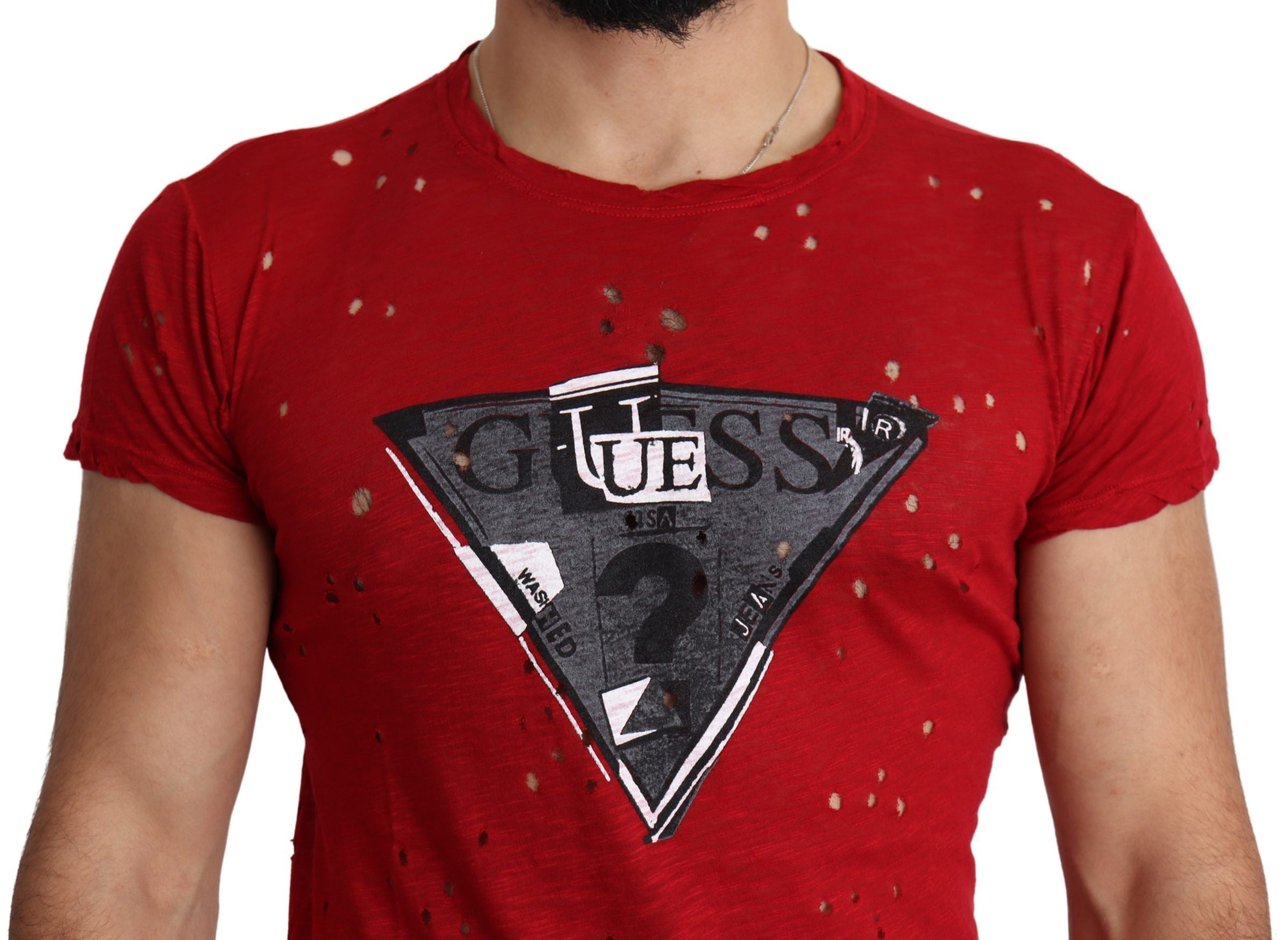 Guess Red Cotton Logo Print Men Casual Top Perforated T-shirt Rood