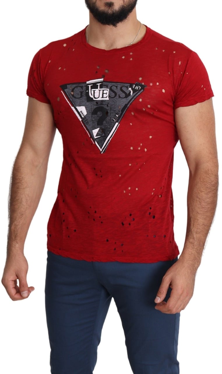 Guess Red Cotton Logo Print Men Casual Top Perforated T-shirt Rood