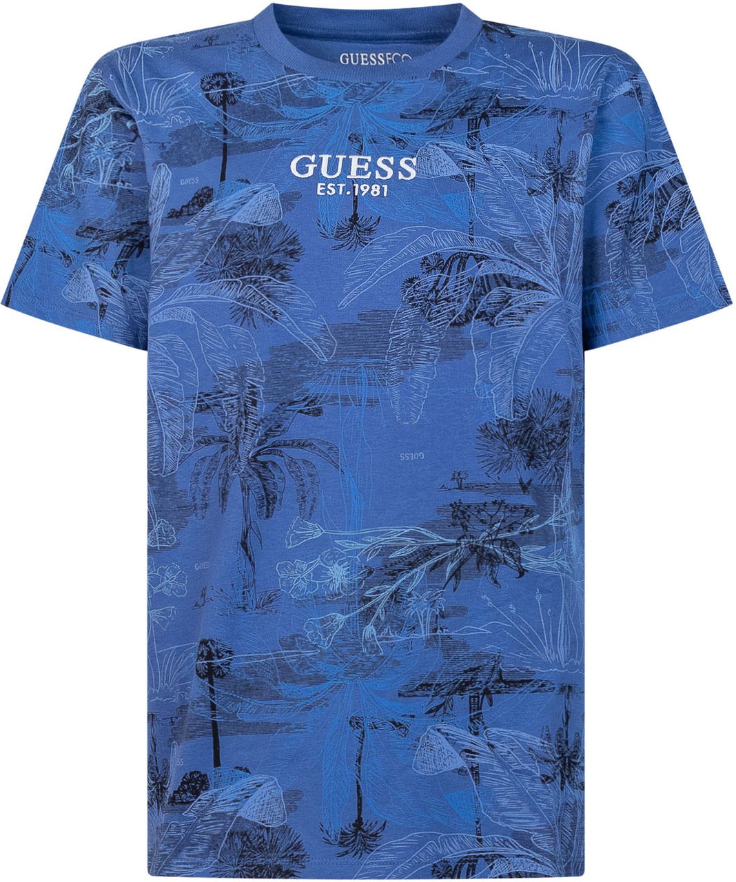 Guess T-shirt Oversize a Maniche Corte con Stampa Tropicale Blauw
