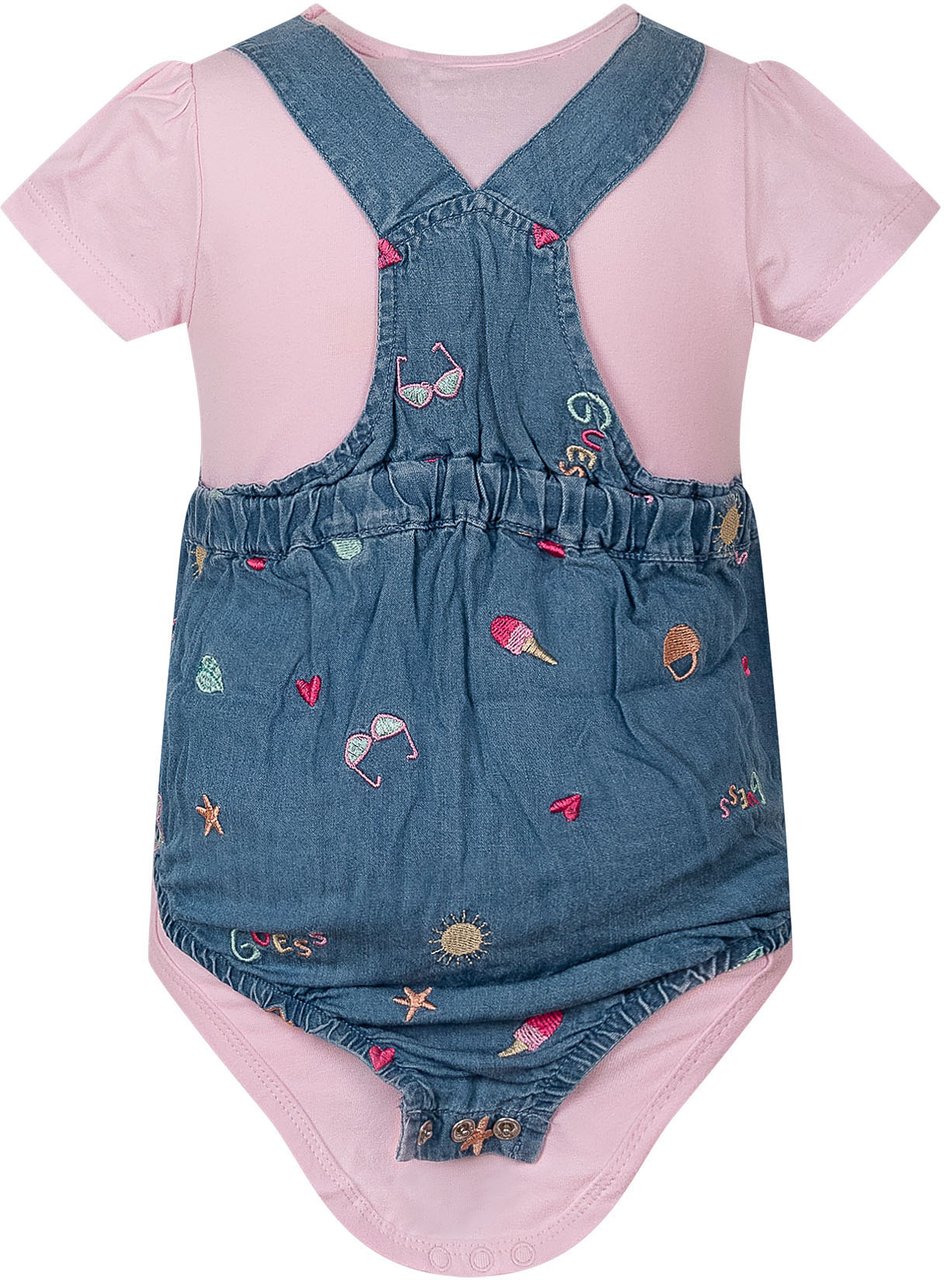 Guess Set Body con Salopette in Chambray Ricamata Blauw