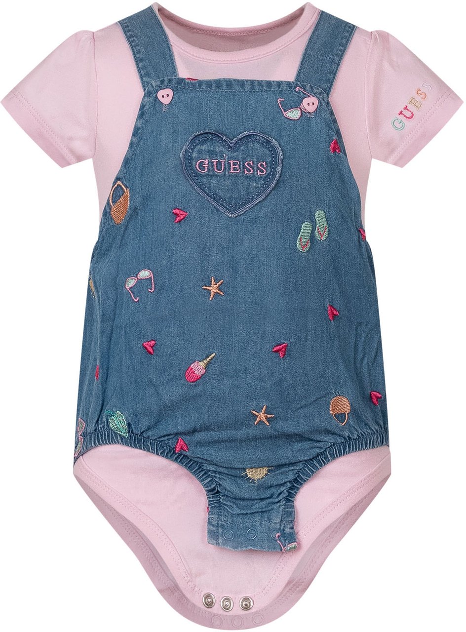 Guess Set Body con Salopette in Chambray Ricamata Blauw