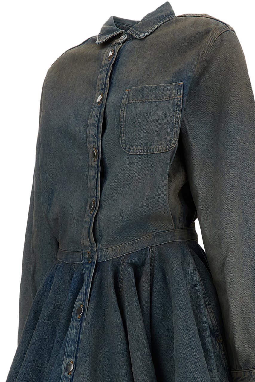 Haikure Shirt-Style Mini Dress in Distressed Cotton Denim Blauw