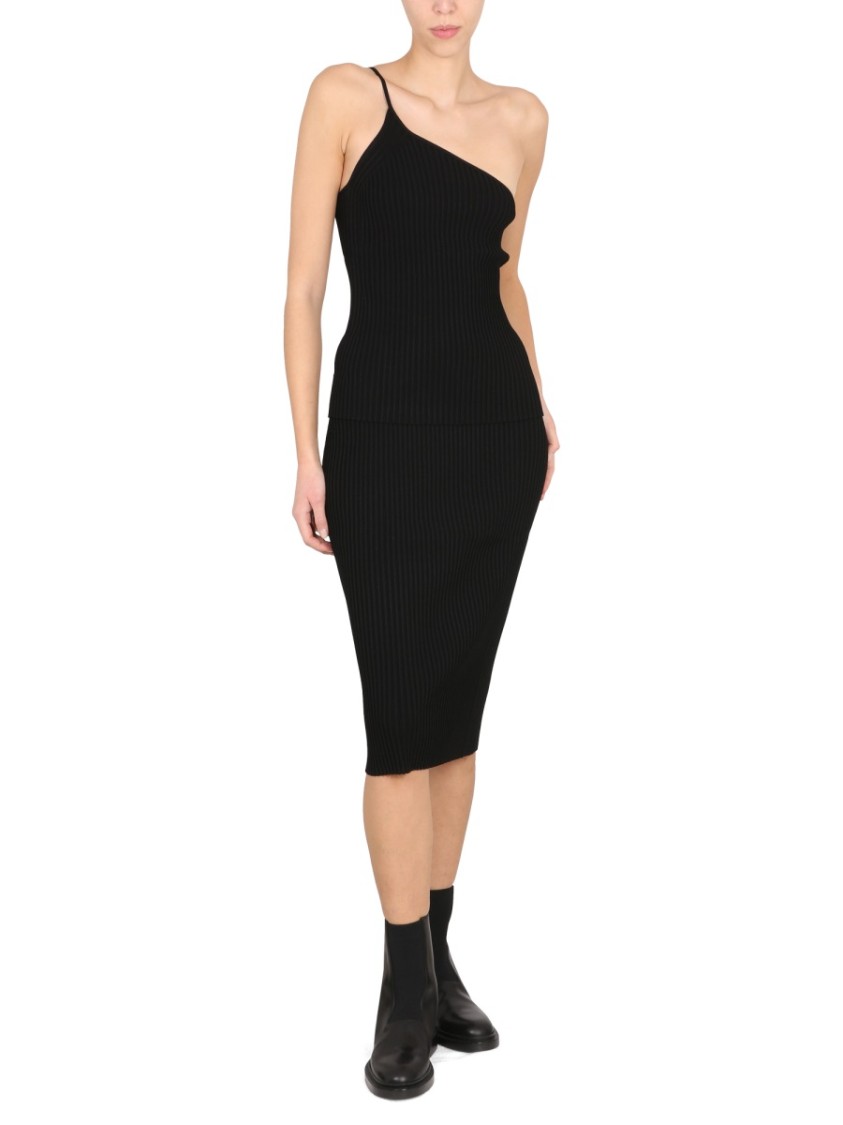 Helmut Lang Asymmetrical One-Shoulder Black Midi Dress Zwart