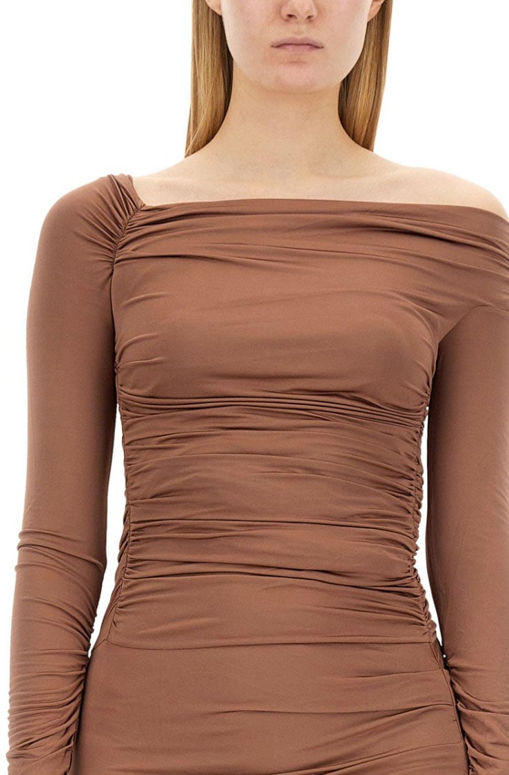 Helmut Lang Brown Off-Shoulder Midi Dress Bruin