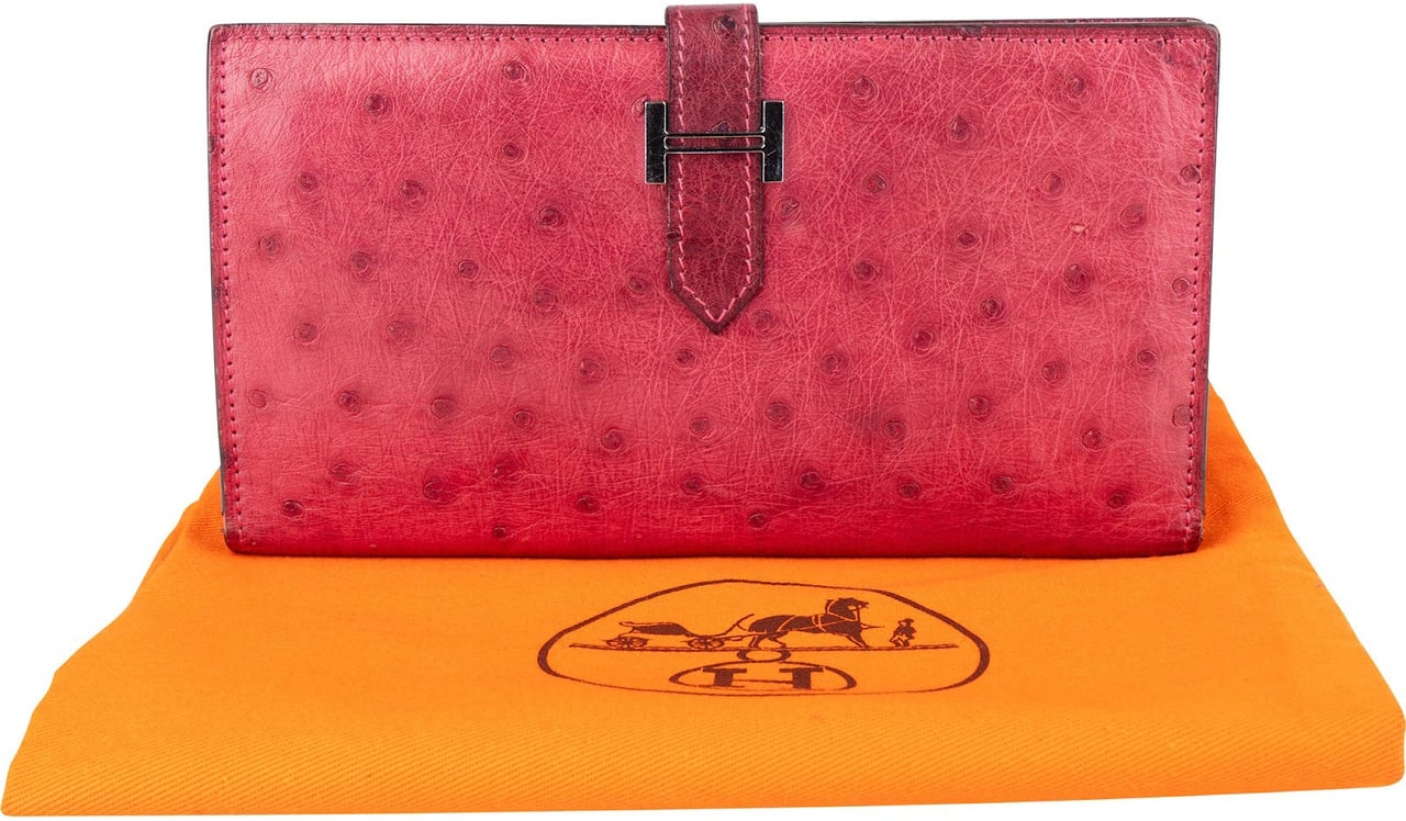 Hermès Hermès Pink Ostrich Béarn Wallet Rood