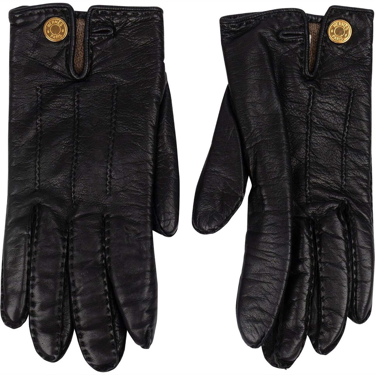 Hermès Hermès Black Leather Button Women Gloves Zwart