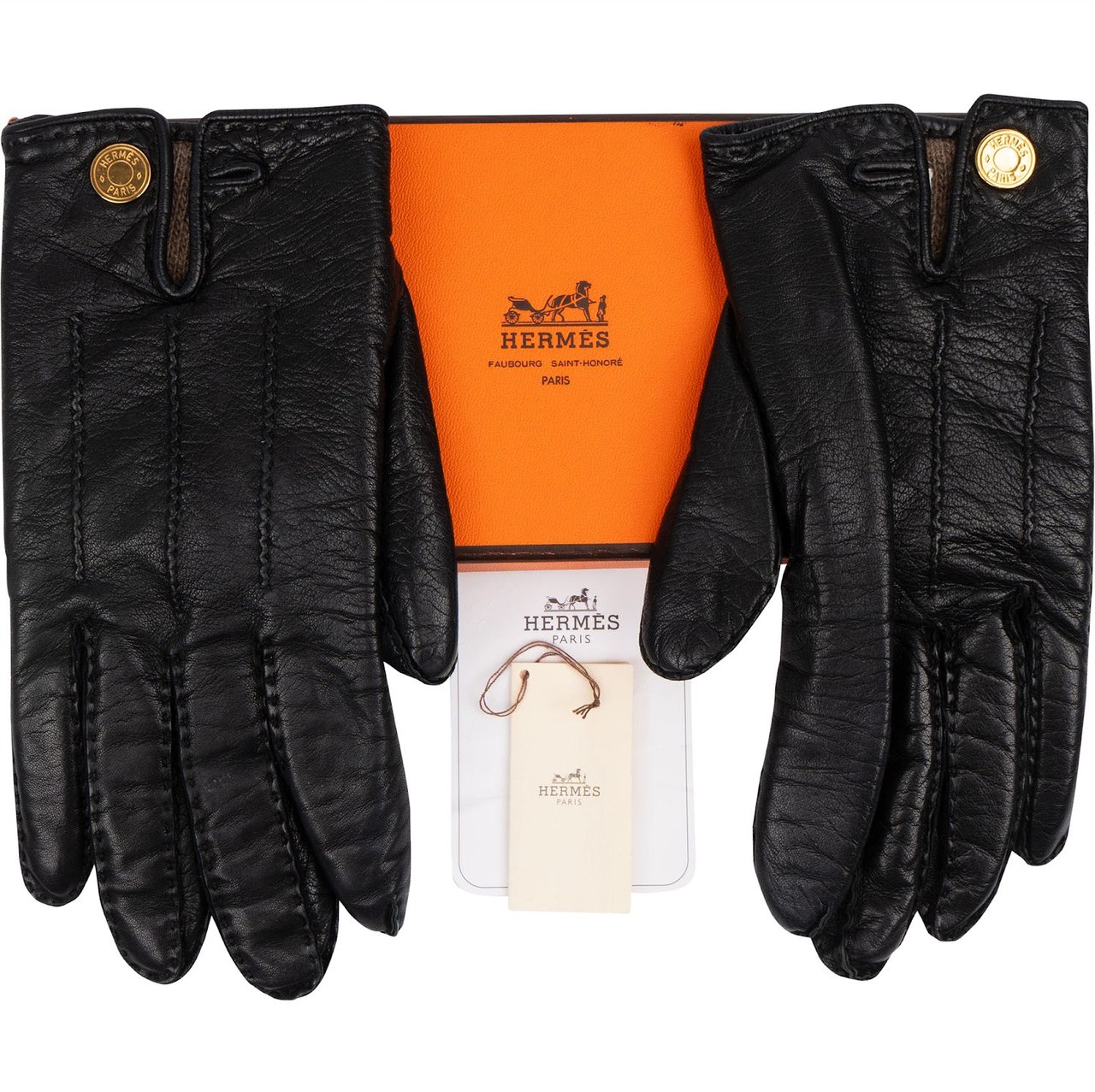 Hermès Hermès Black Leather Button Women Gloves Zwart