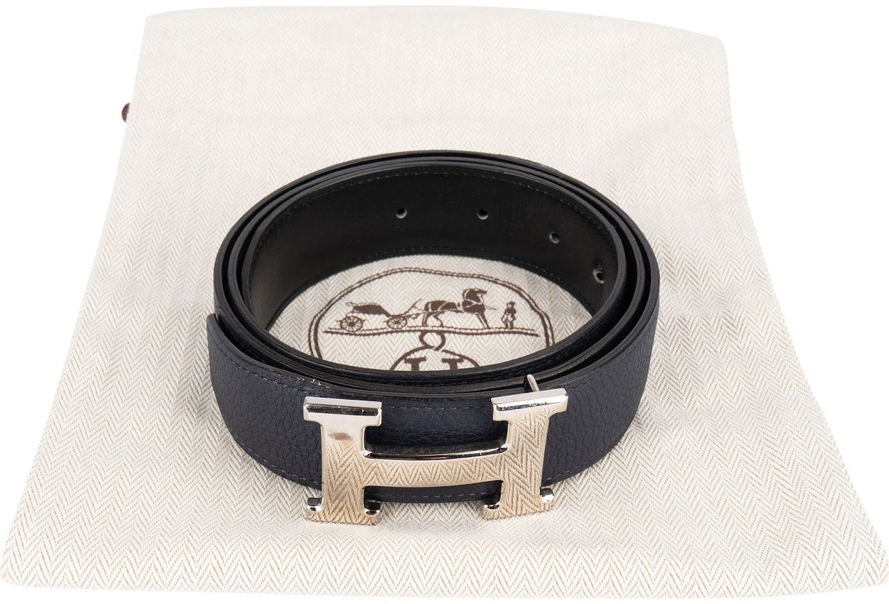 Hermès Hermès Bicolor Black & Blue Leather Reversible H Belt (85) Zwart