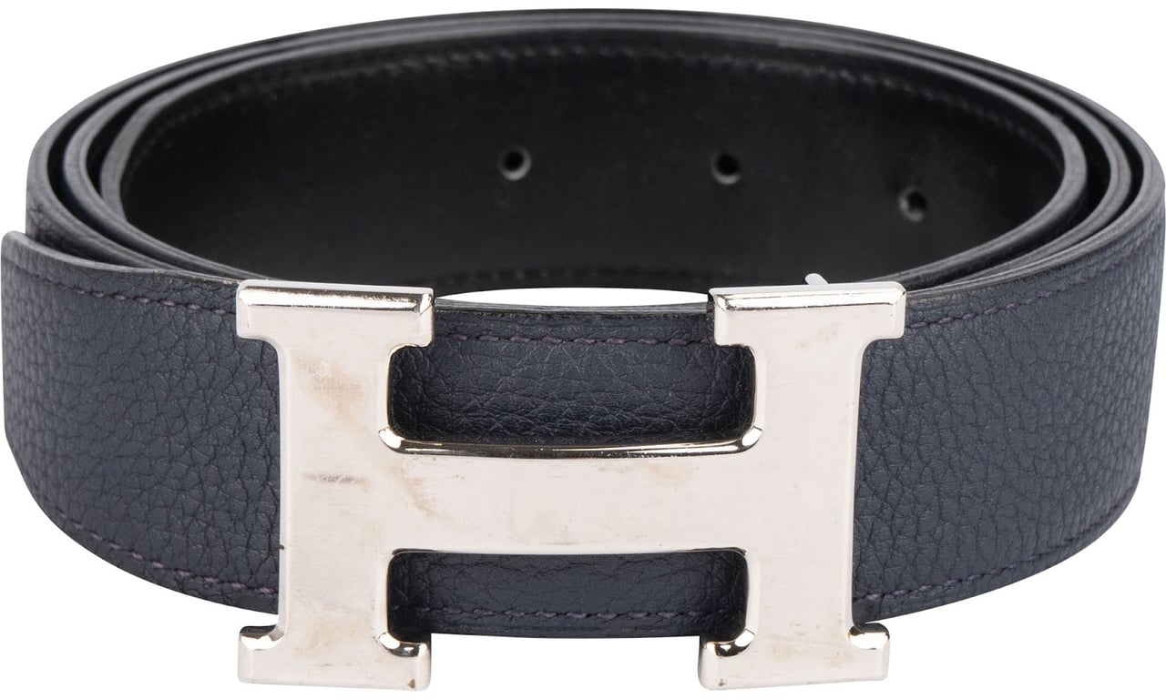Hermès Hermès Bicolor Black & Blue Leather Reversible H Belt (85) Zwart