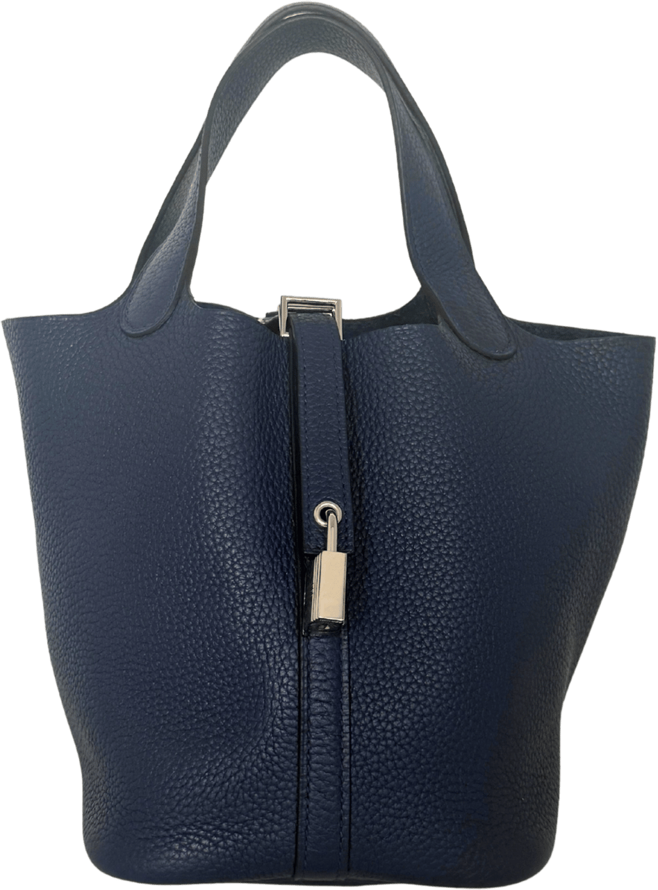 Hermès Hermès Picotin 18 Taurillon Clemence Navy Blue Palladium Hardware / Mint Blauw