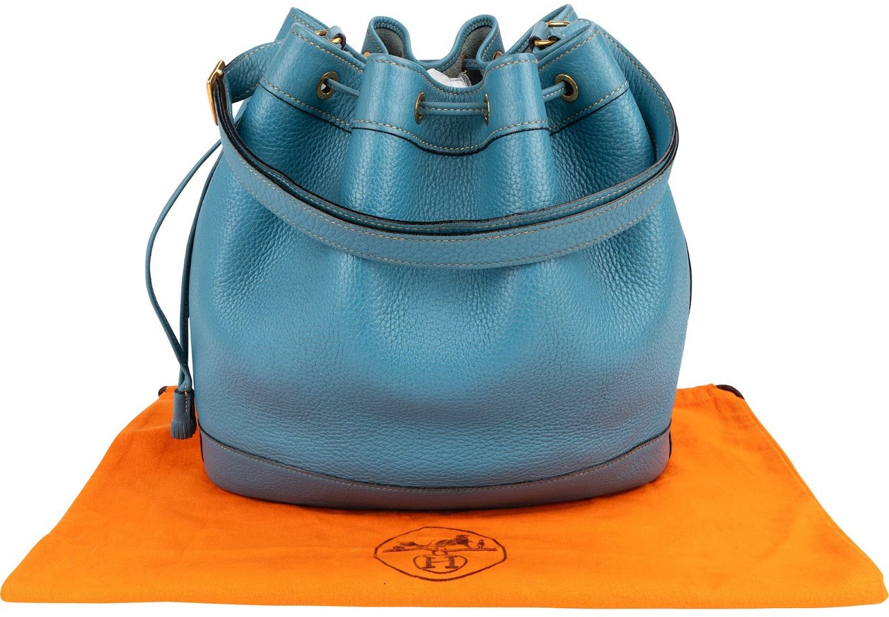 Hermès Blue Jean Togo Leather Market Bucket Shoulder Bag Blauw