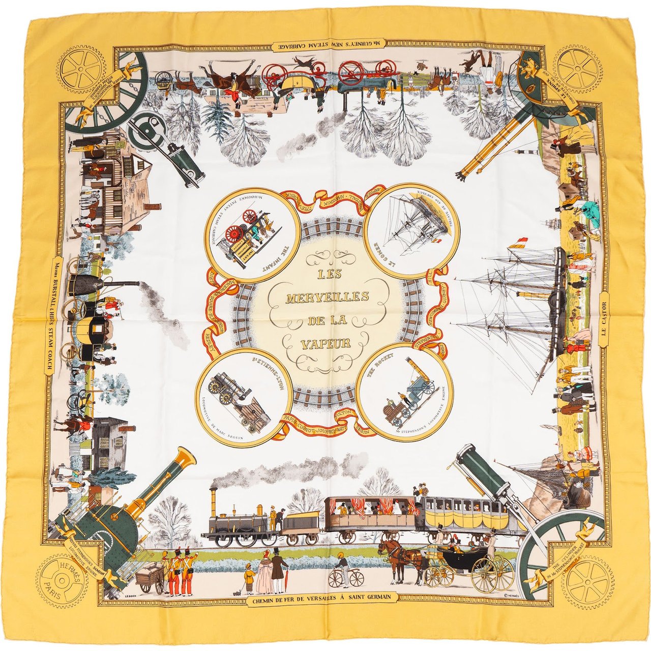 Hermès Les Merveilles de la Vapeur Silk Carre 90 Scarf Tuch Geel
