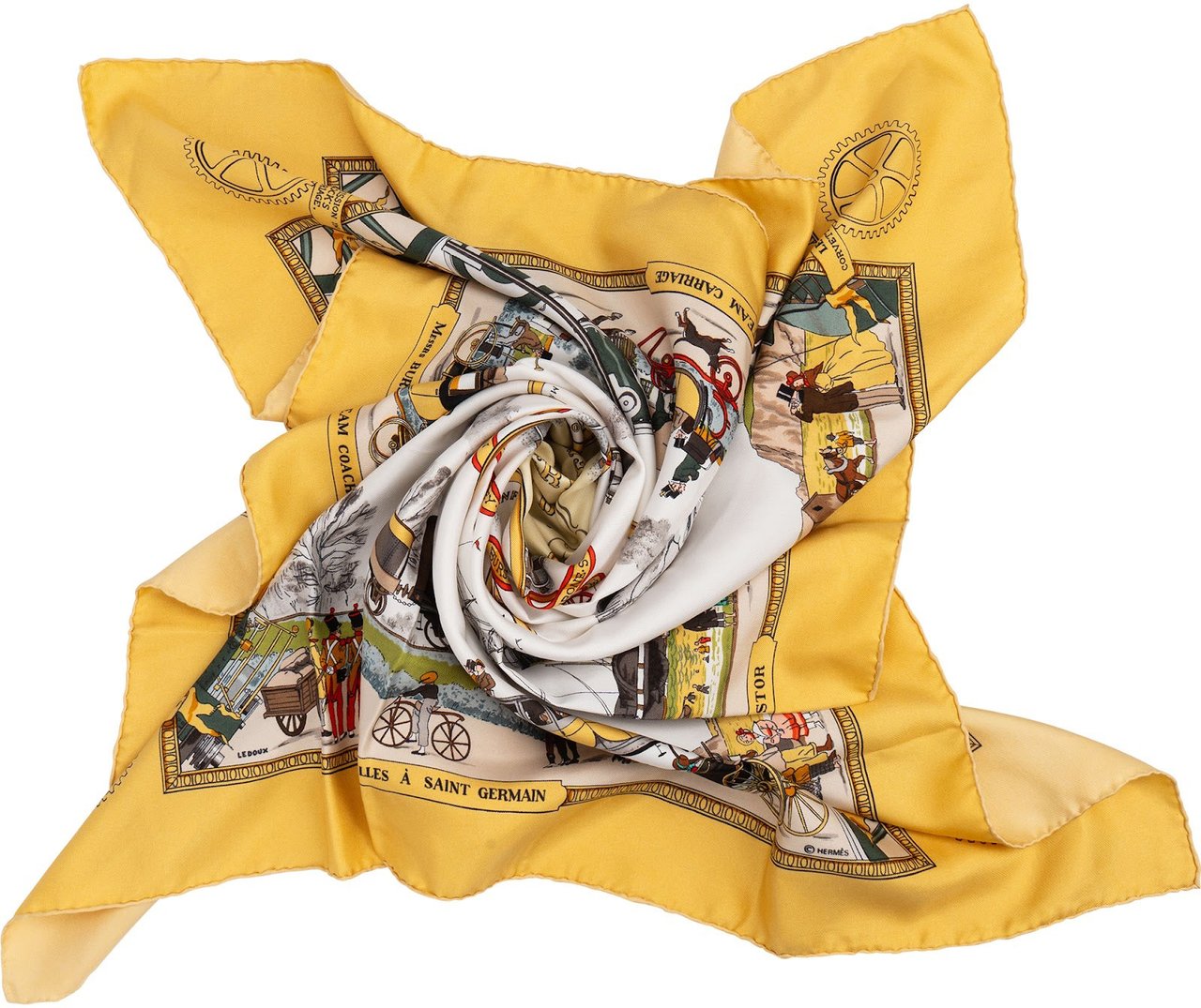 Hermès Les Merveilles de la Vapeur Silk Carre 90 Scarf Tuch Geel