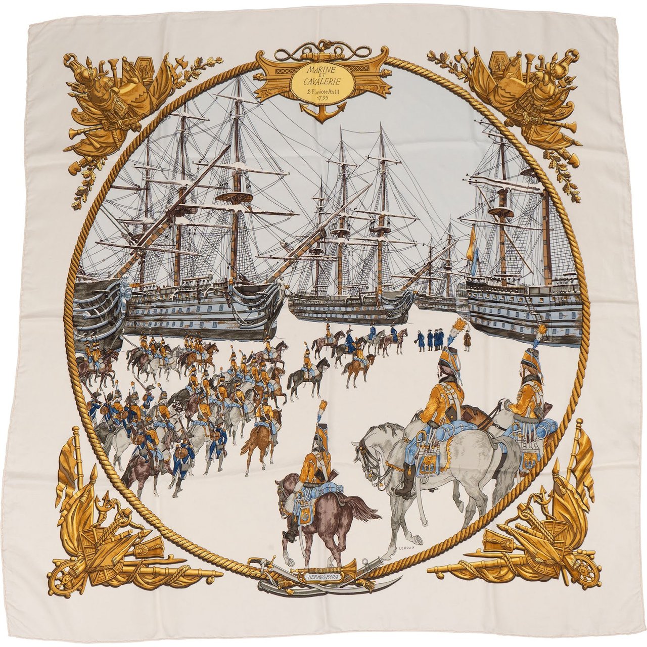 Hermès Hermès Marine & Cavalerie Silk Carre 90 Scarf Tuch Beige