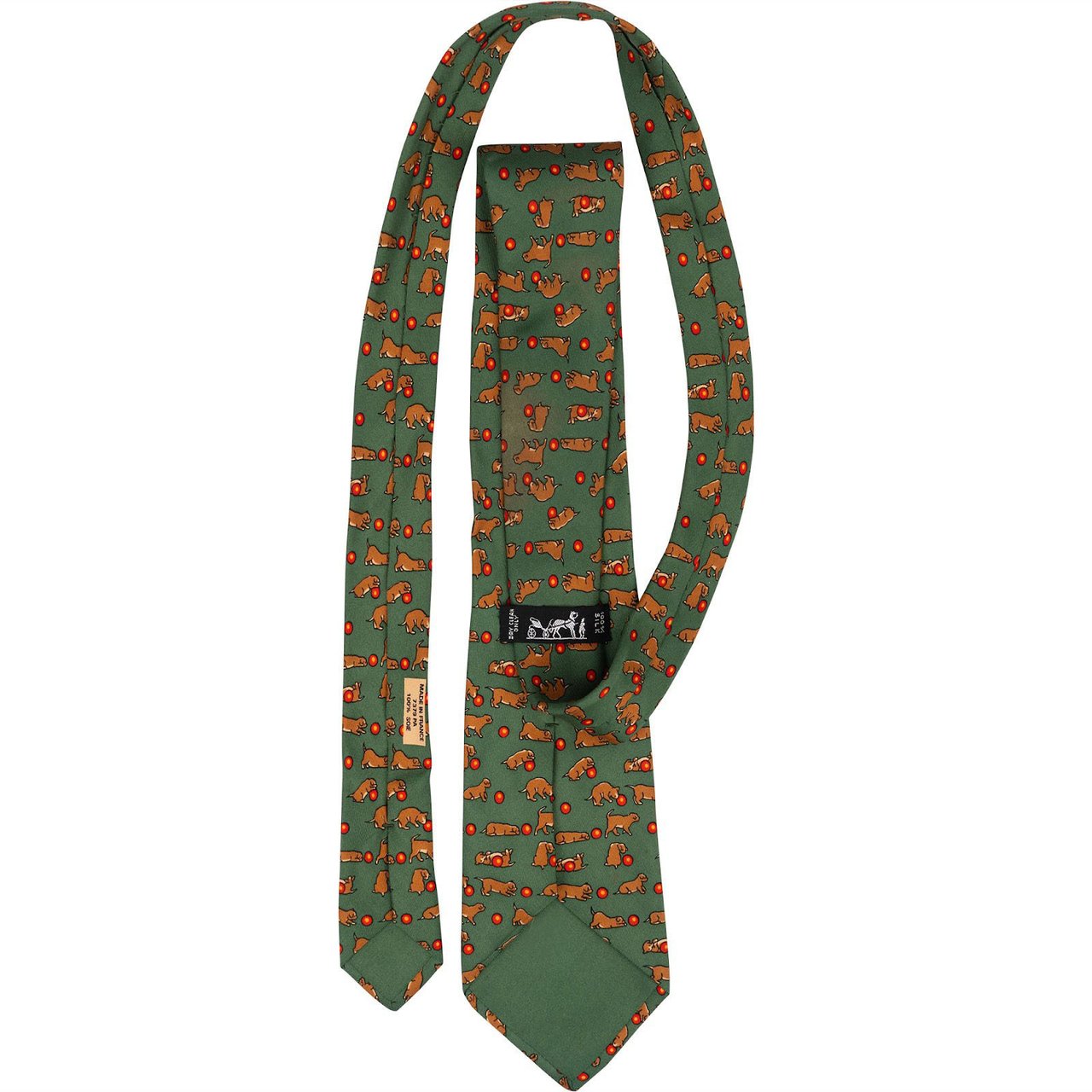 Hermès Dog Motif Pattern Silk Tie Krawatte Groen