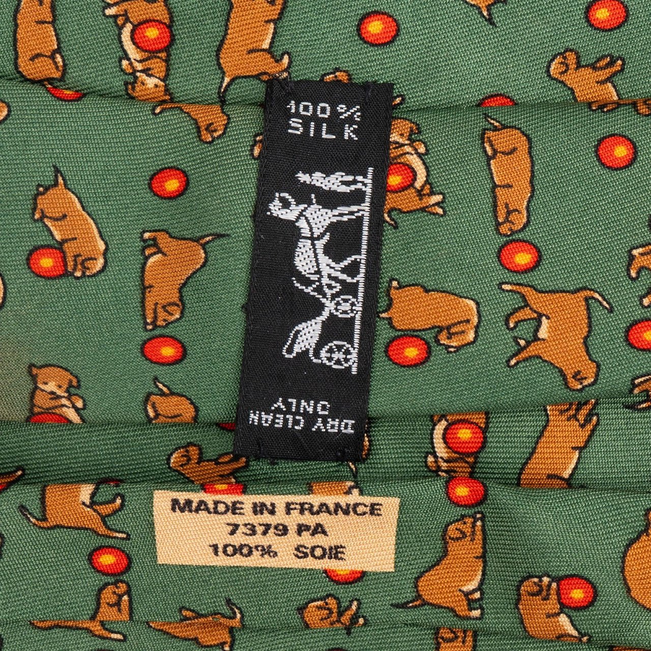 Hermès Dog Motif Pattern Silk Tie Krawatte Groen