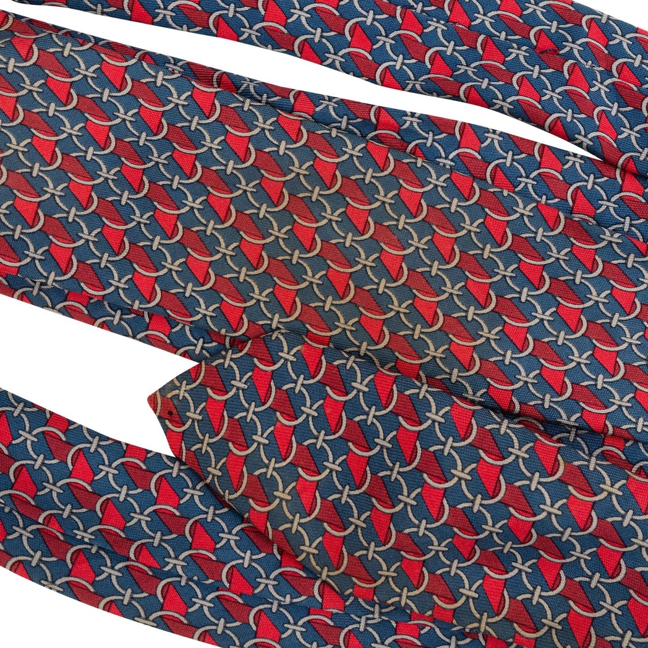 Hermès Geometric Chain Link Ribbon Pattern Silk Tie Krawatte Navy