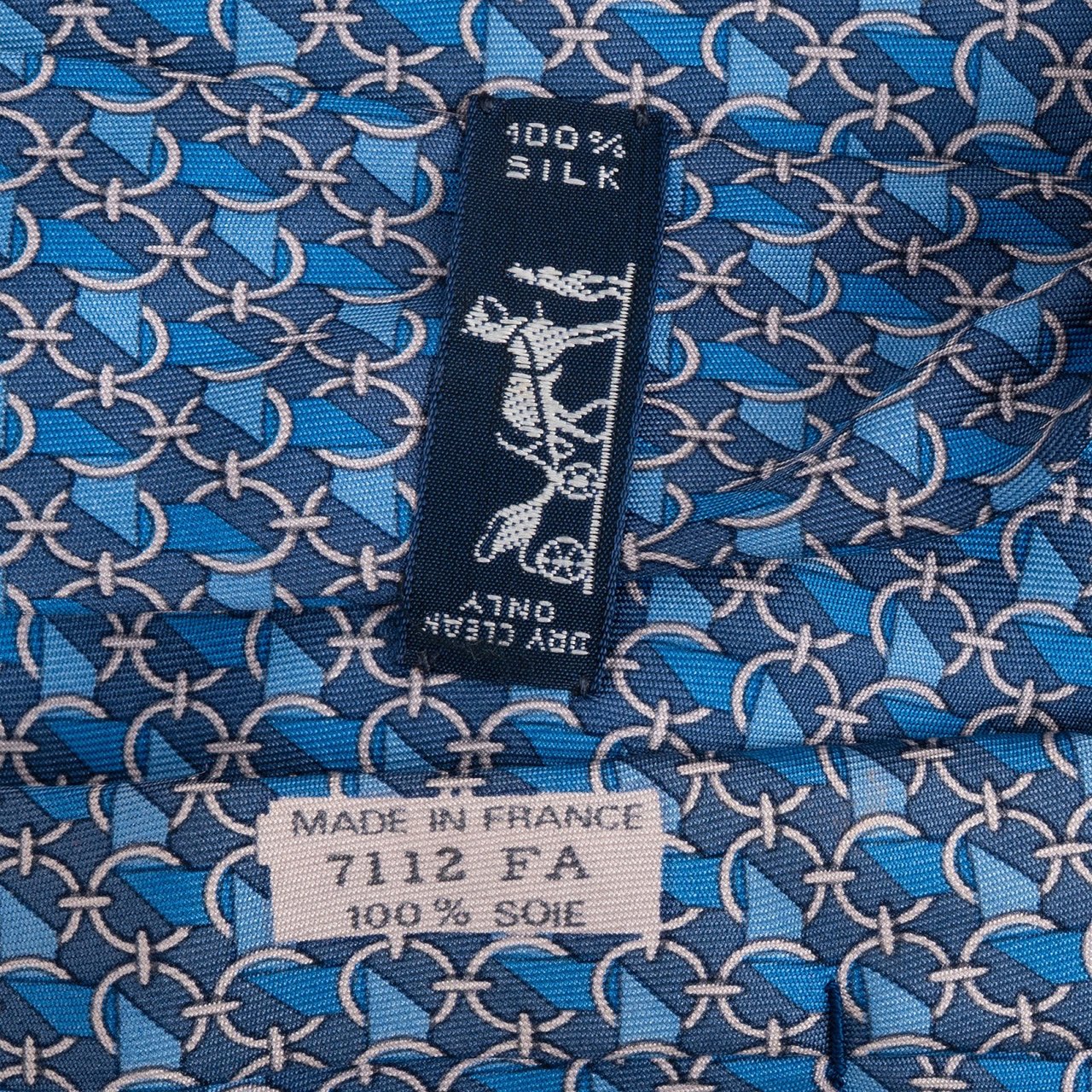 Hermès Geometric Chain Link Ribbon Pattern Silk Tie Krawatte Blauw
