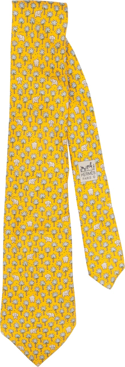 Hermès Hermès Elephant & Palm Tree Print Silk Tie Krawatte Geel