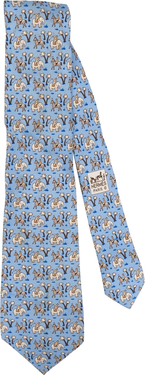 Hermès Elephant & Horse Print Silk Tie Krawatte Lichtblauw