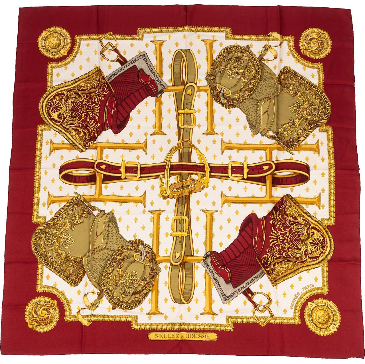 Hermès Selles à Housse Silk Carre 90 Scarf Tuch Rood