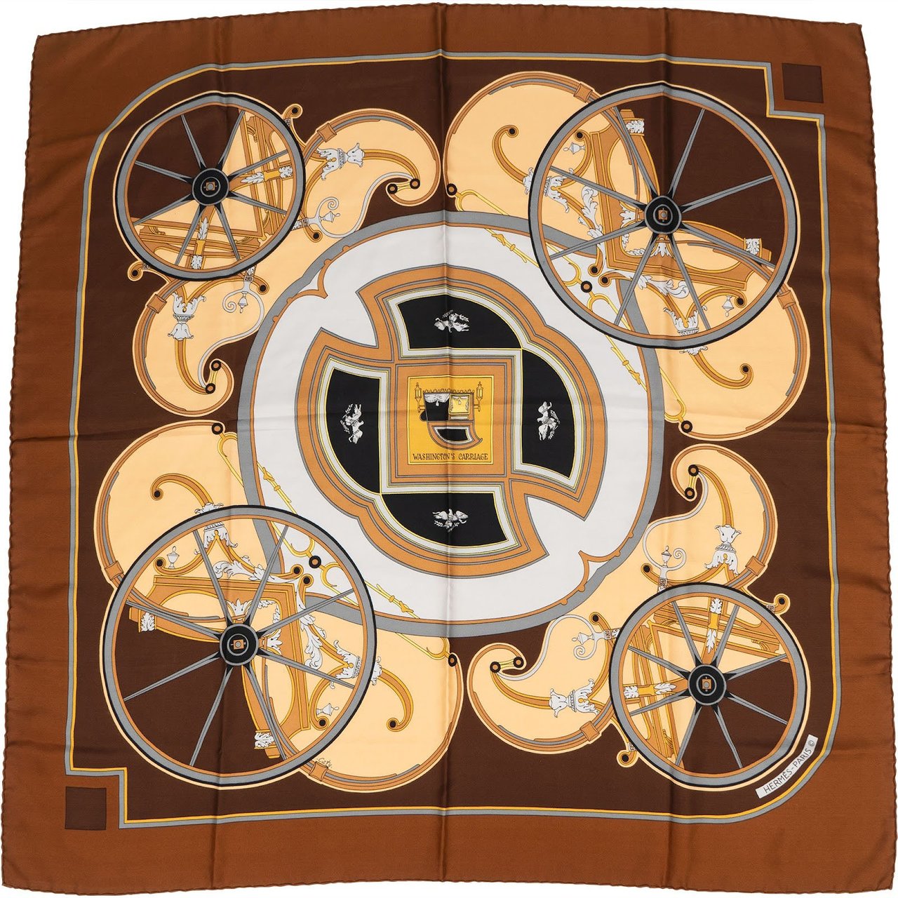 Hermès Washington's Carriage Silk 90 Scarf Tuch Bruin
