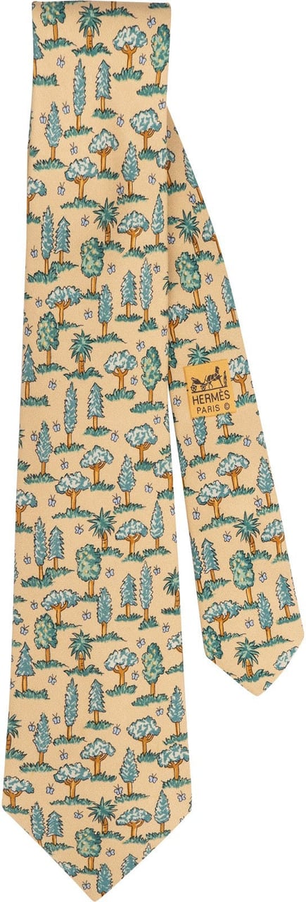 Hermès Tree Print Silk Tie Krawatte Beige