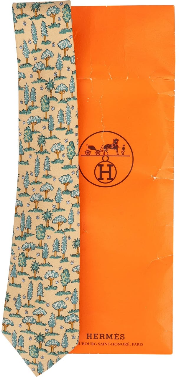 Hermès Tree Print Silk Tie Krawatte Beige